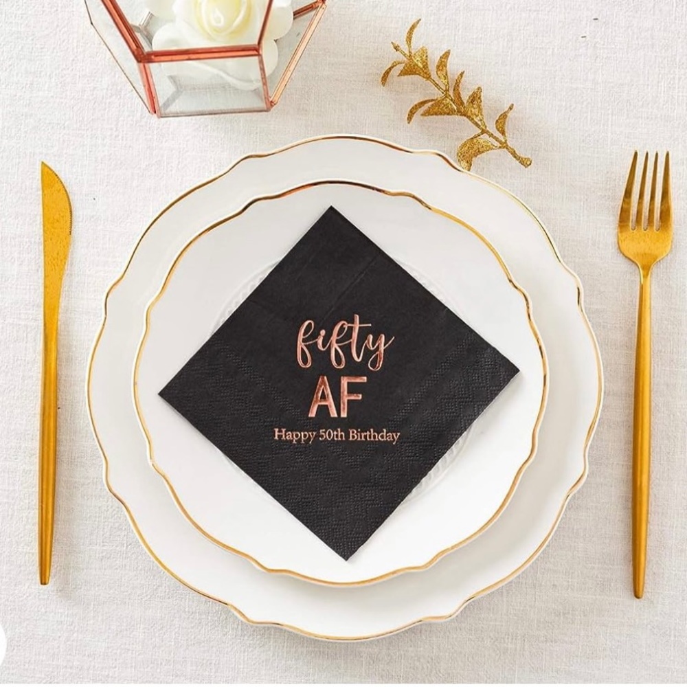 NEW - Fifty AF - Happy 50TH Birthday Napkins - Black with Rose Gold (50 count)